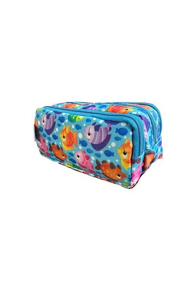 Polin Three Compartment Patterned Pencil Bag, 8 Different Models, Zippered, Large Size