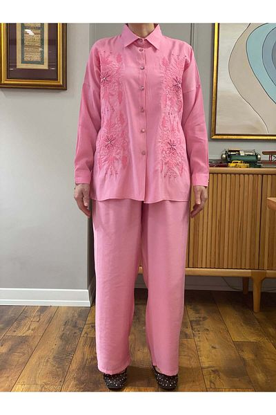 Hatun Atila Summer Embroidered Double Suit 8811 Pink