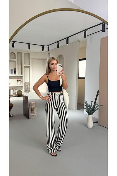Sezgi Tekin Cream Black Striped Openwork Trousers