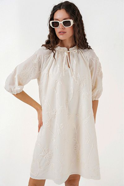 Merterium Women's Patterned Short Dress Cream 1188