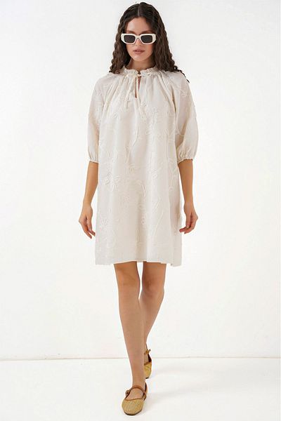 Merterium Women's Patterned Short Dress Cream 1188