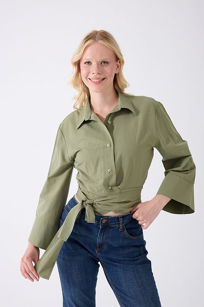 Fumel Women's Khaki Spanish Sleeve Tie Waist Belted Shirt
