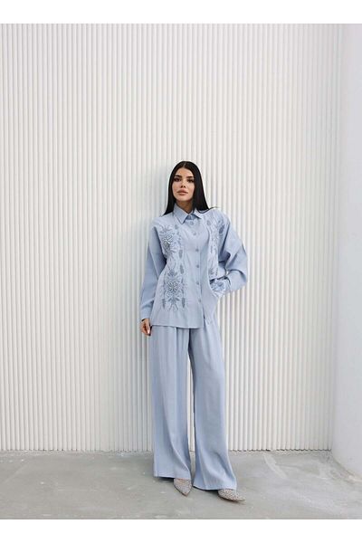 Hatun Atila Summer Embroidered Double Suit 8811 Blue