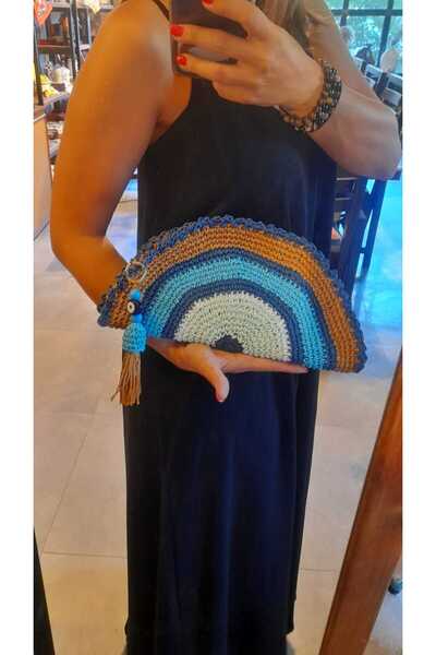 Satori Design Mavi Kenarlı Nazar Boncuklu El yapımı D Model Clutch Çanta (Ast...