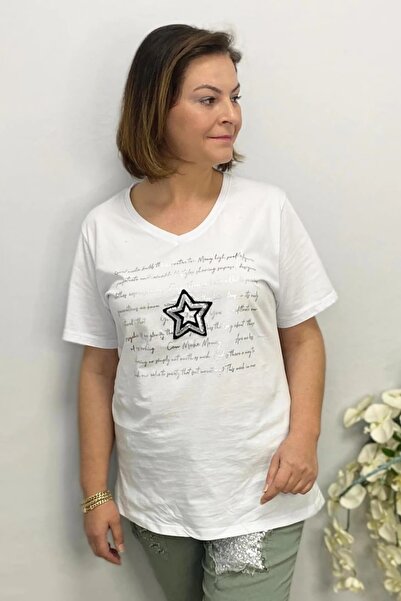 Mia Butik Women's White Star Foil Printed T-Shirt