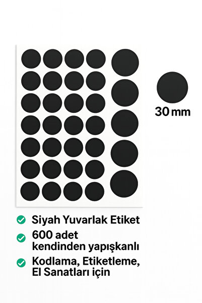 Kalite Barkod Yuvarlak Etiket 30 mm Siyah Renk 600 Adet Etiket - Kalite Barkod