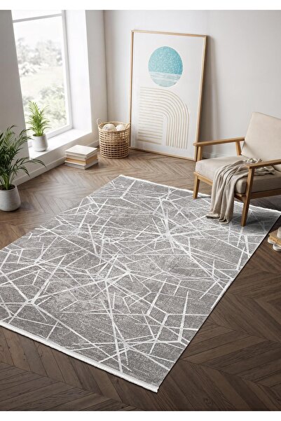 Cotto Home Step SE001G Gri Halı Modern Dekoratif Beyaz Çizgili Pamuk Taban Tr...