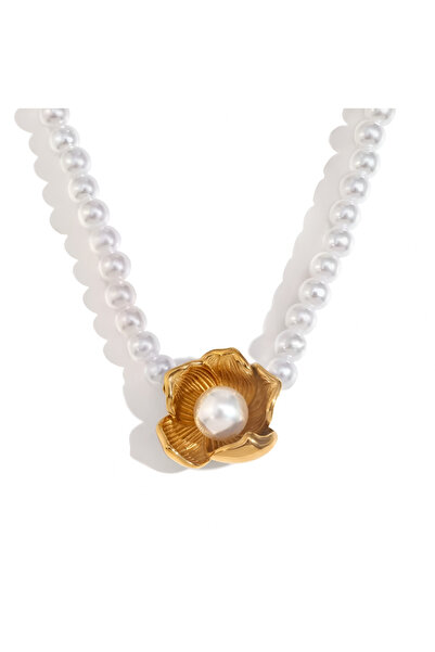 Eva Grace Κολιέ Dorothea, χρυσό, με μαργαριτάρια και κρεμαστό σε σχήμα λουλου...