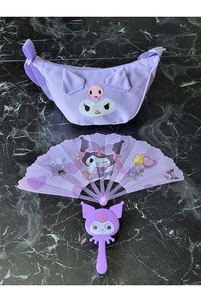 Kromi Girl's Set Luxury Quality Fabric Bag, Fan, Moving Eye Comb Kuromi Set Purple