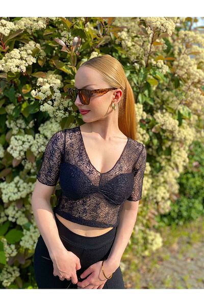 MY DEPO Women's See-Through V-Neck Lace Crop Blouse