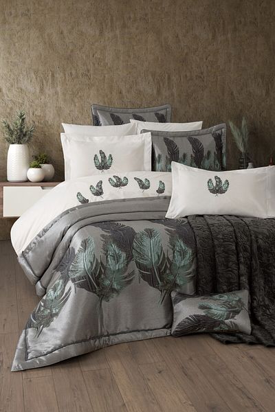 Sevim 11 Piece Dowry Set with Blanket - Taffeta Bedspread & Duvet Cover Dowry Set-Peludo-Turquoise