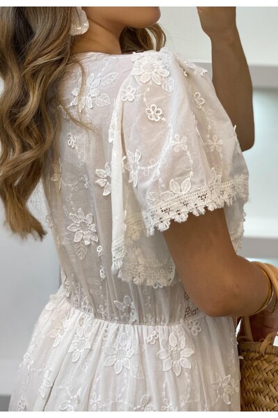 Suziş Relief Flower Embroidered Short Sleeve Lined Dress M38451