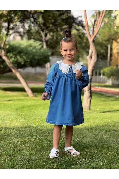 Pollito Girl's Collar Detail Buttoned Front Robe Denim Dress