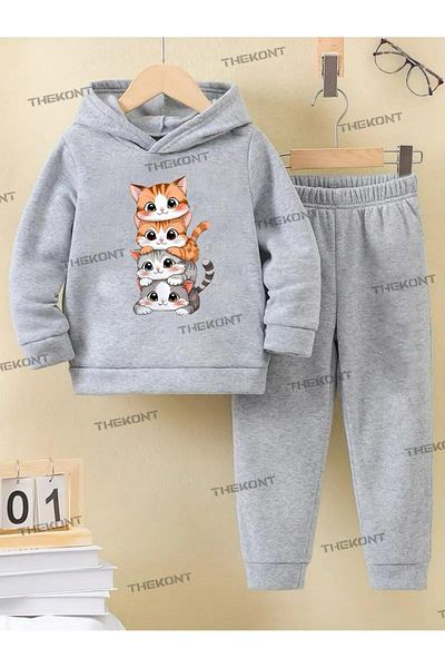 THEKONT 4 Cat Printed Thick Cotton Hooded Children's Track Suits