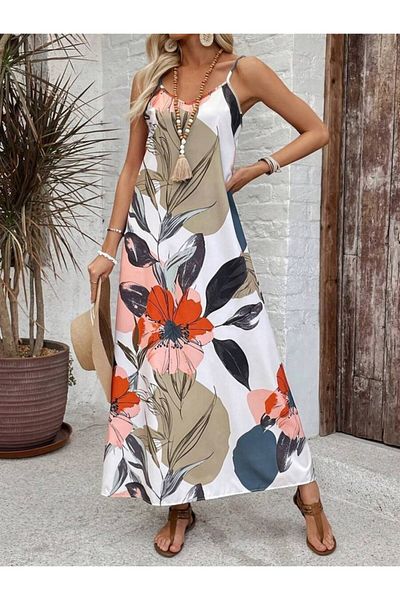 Viyamo New Season Women's Patterned Single Jersey Dress with Wide V-Neck and Rope Strap