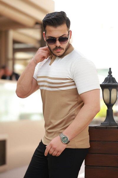 Aymood Men's Line Patterned Collared Short Sleeve T-Shirt