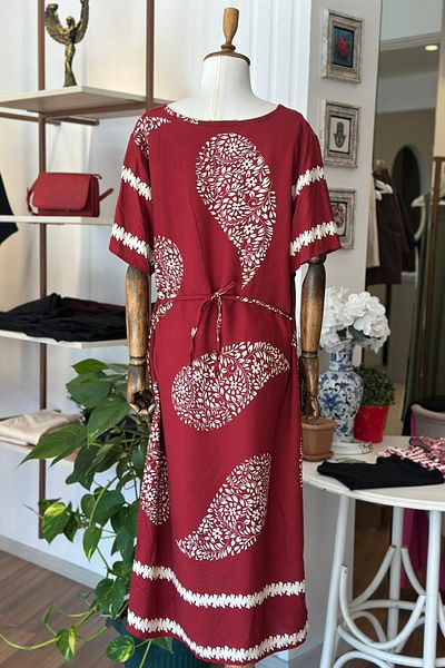 Unique Boutique Burgundy Patterned Short Sleeve Cotton Viscose Fabric Plus Size Dress