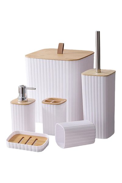 Teno Set of 6 Teno® Bathroom Accessories, soap dispenser, toothbrush holder, toilet brush, white
