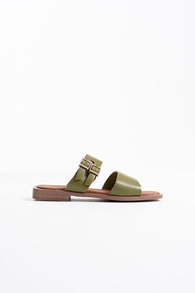 ETİLER COLLECTION Alessi Khaki Green Genuine Leather Slippers