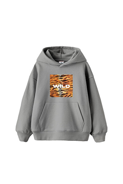 Bak Moda Hanorac gri oversize unisex cu imprimeu sălbatic