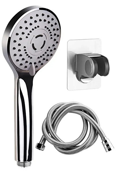 VSA Krom Fusa 5 Fonksiyonlu Banyo Duş Başlığı 1,5 Metre Örgülü Hortumlu Yapışkanlı Mafsallı Set