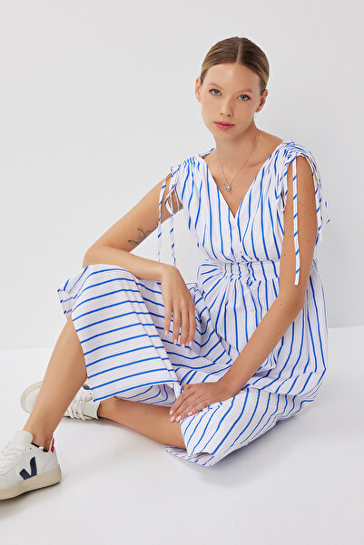 Lovelyİstanbul V-Neck Woven Shirt Dress Lfg0139 Blue White