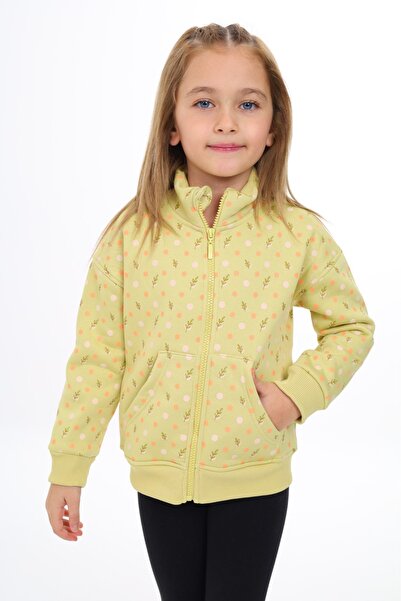Toontoy Girl's Mock Neck Zippered Pockets Off Shoulder Printed Knitted Cardigan - 2 Thread Raised