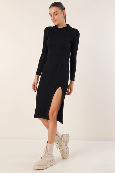 Merterium Women's Slit Knitwear Dress Black 1128