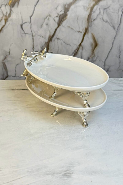 MAY HOME 2'Li Oval Porselen Sunumluk Servsilik & Ayaklı Kayık Meze Tabağı