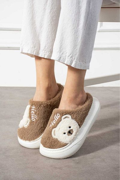 STOCON Women's House Slippers Teddy Bear Figured Plush House Slippers Do Not Make Sound Sole Warm Stylish Design Stc1135