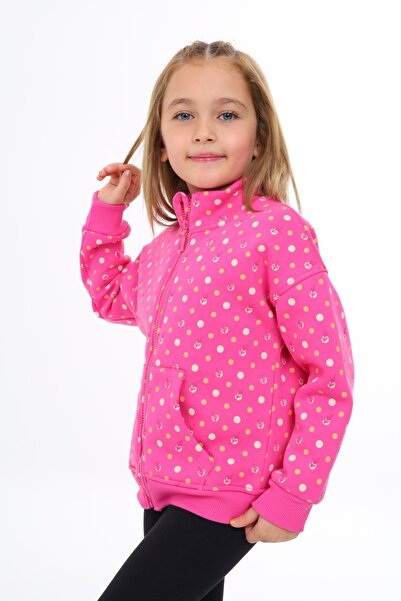 Toontoy Girl's Mock Neck Zippered Pockets Off Shoulder Printed Knitted Cardigan - 2 Thread Raised