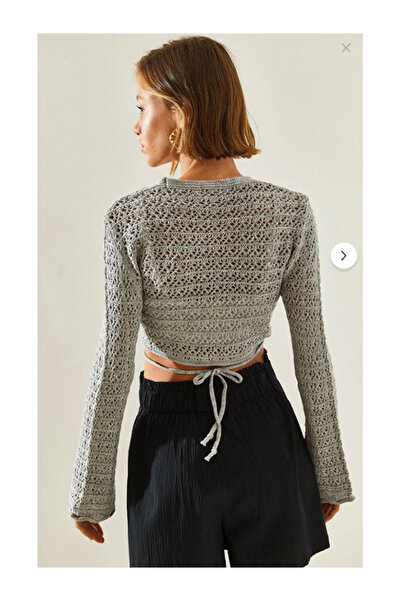 Namaste Vintage Gray Color Openwork Wrap Bolero Crop Blouse