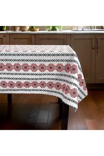 DENISA-DO 100% cotton tablecloth, rustic traditional, white with red 100 x 150 cm