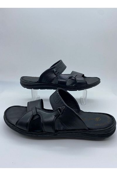 BURAK ALDAY SHOES Men's Genuine Leather Massage Sole Black Slippers