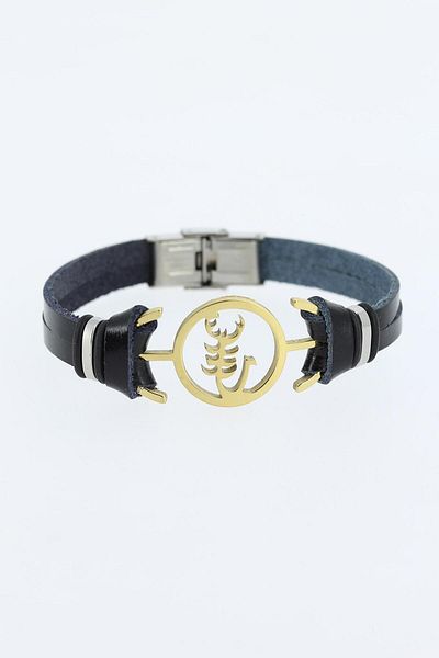 BESKAR Gold Color Steel Scorpion Figured Black Leather Men's Bracelet with Metal Accessories