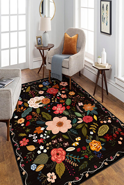 Emiroğlu Modern Siyah Zemin Üzeri Çiçekli Kaymaz Taban Salon Halısı – Yıkanabilir, Şık ve Konforlu Tasarım