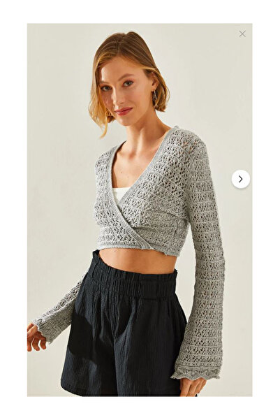 Namaste Vintage Gray Color Openwork Wrap Bolero Crop Blouse