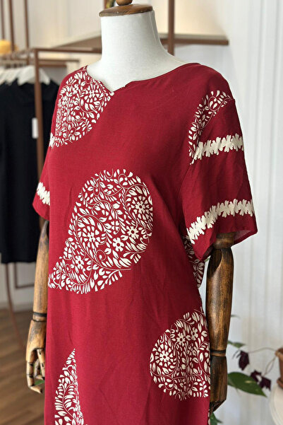 Unique Boutique Bordo Desenli Kısa Kol Pamuklu Viskon Kumaş Büyük Beden Elbise