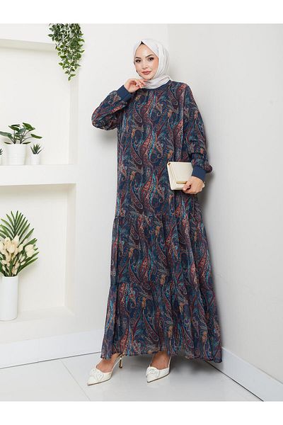 Hb Harma Time Butik Women's Lined Navy Blue Chiffon Shawl Pattern Dress