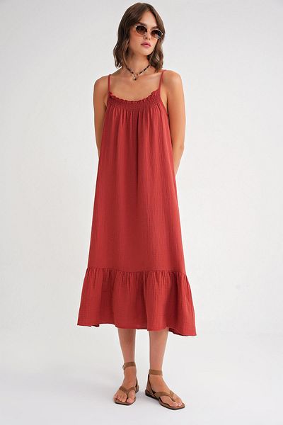 Mixray 4740 Women's Strap Muslin Midi Dress Tile