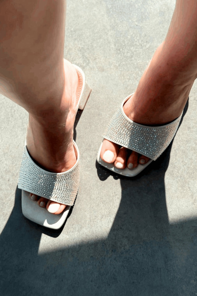 I Love Shoes Norma Satin Silver Stone Detailed Thick Heeled Slippers