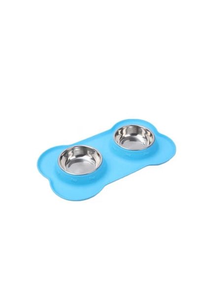 UIQ Covoras pentru animale, 22x35cm, 2 boluri 500ml, cauciuc si inox, Albastru