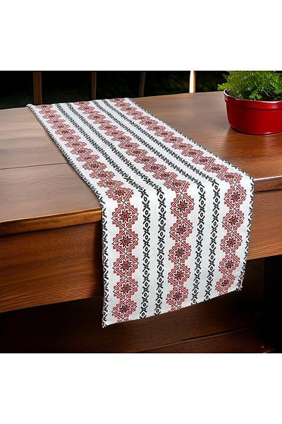 DENISA-DO Traditional rustic cotton table runner decor white with red 40 x 140 cm
