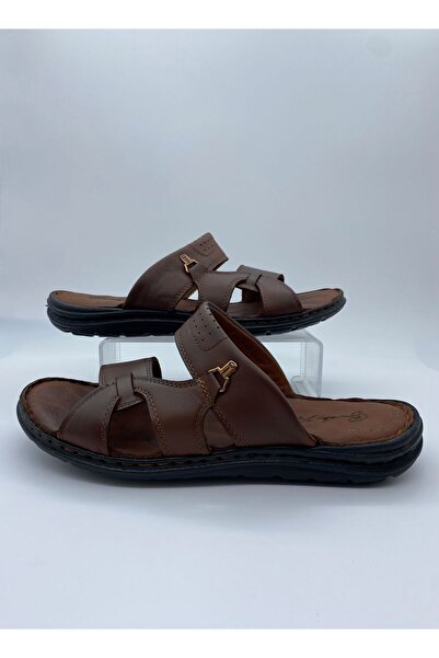 BURAK ALDAY SHOES Men's Genuine Leather Massage Sole Brown Slippers