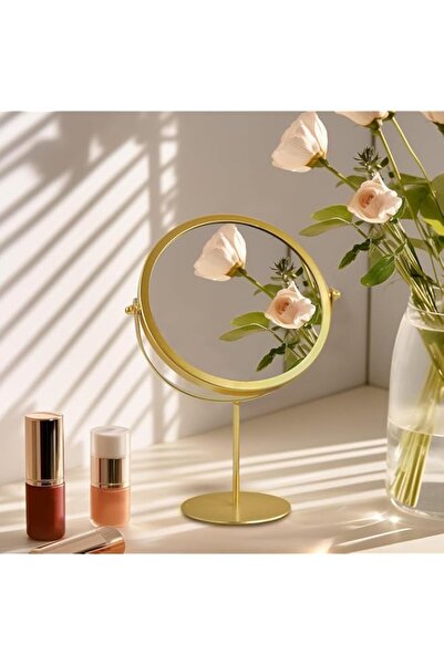 Generic مرآة مكياج بيج ثري الذهبية، مرآة طاولة دوارة قابلة للتعديل بزاوية 360...