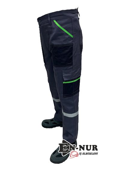 EN-NUR İŞ ELBİSELERİ En-Nur Workline Neon Green Detailed Multi-Pocket Gray Work Pants