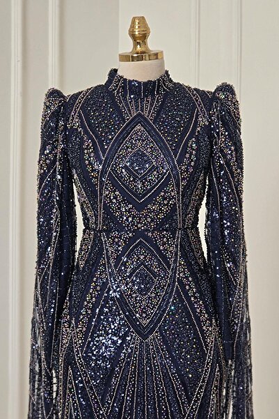 Yonca Moda Evi Lacivert Cam Boncuklu Pelerinli Abiye 6520