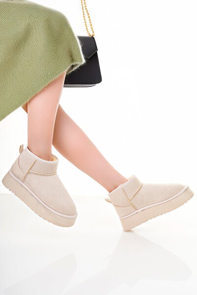 Lölük Moda Mini Kum Beji Süet İçi Kürklü Kalın Taban Kadın Bot