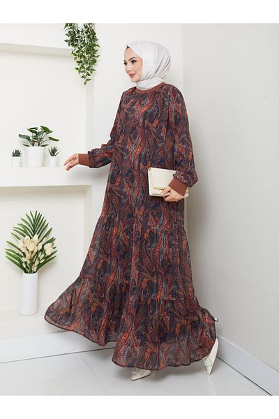 Hb Harma Time Butik Women's Lined Brown Chiffon Shawl Pattern Dress