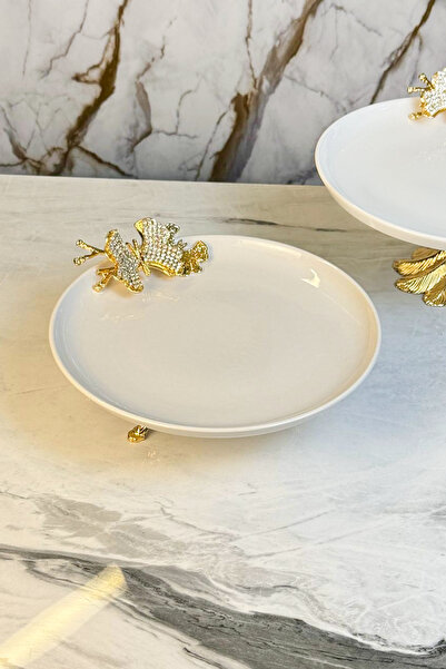 MAY HOME 2'Li Porselen Gold Metal Ayaklı Sunumluk Servislik & Papatya Detaylı Kuabiyelik Pasta Standı